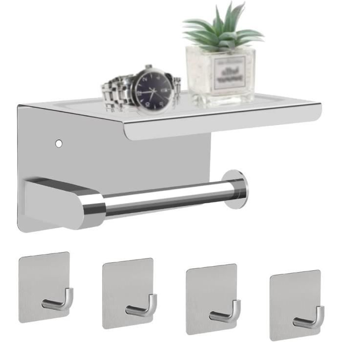 Porte Papier Toilette Mural Avec étagère - Acier Inoxydable Noir Anti-empreintes | Installation Sans Perçage (adhésif) Ou Vis | Rangement Lingettes, Téléphone