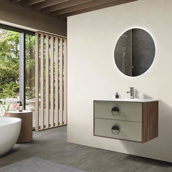 LuxuryBain - Meuble de salle de bain simple vasque 80cm bois et vert avec miroir led LB-1002-80