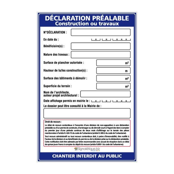 Declaration Prealable Construction Ou Travaux Akilux Avec œillets Aux 4 Coins Dimensions 800 X 1200 Mm Panneau Plaque Pancarte