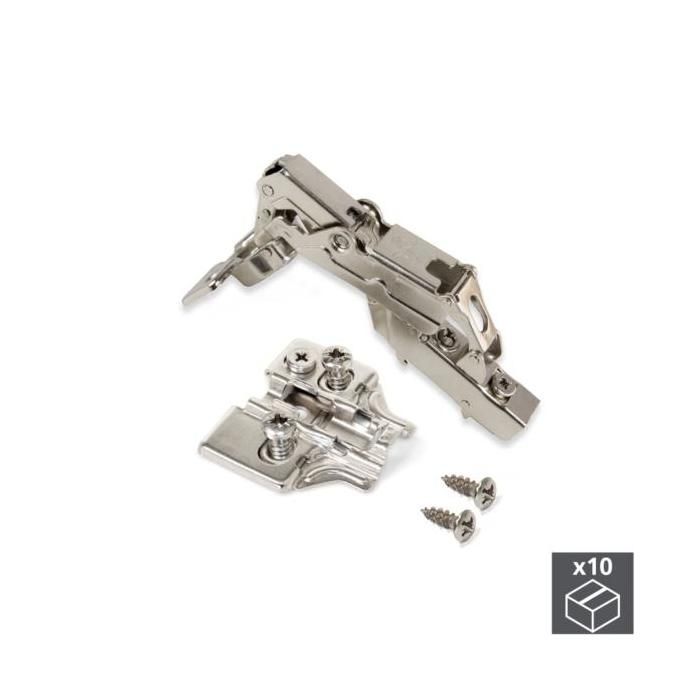 Emuca Lot de 10 charnières coudées X91 Ouverture à 165 degrés avec fermeture souple et inserts Euro Hauteur 0 Acier Nickelé Emuca Lot de 10 charnières coudées X91 Ouverture à 165 degrés avec fermeture souple et inserts Euro Hauteur 0 Acier Nickelé