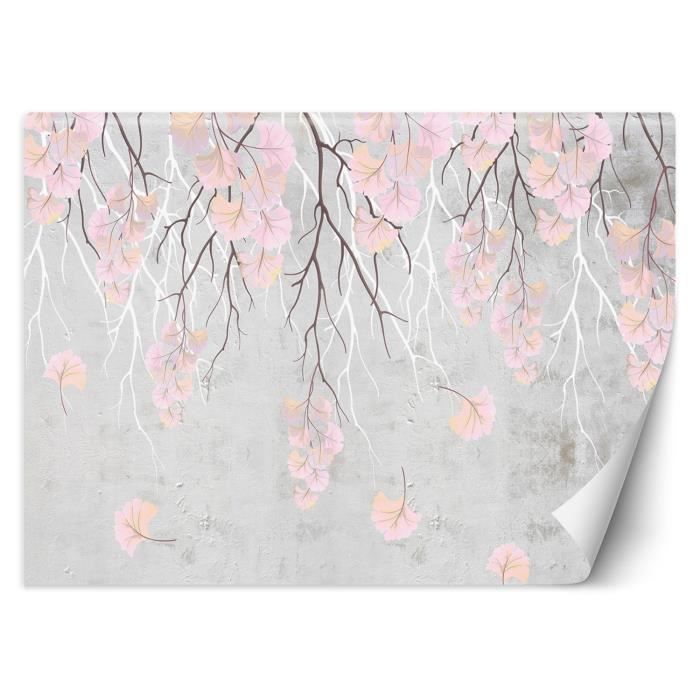 Papier Peint - Entoilage 130g/m2 - Motif Feuilles tombantes - 368x254 cm - Rose - Décoration murale à coller - Feeby