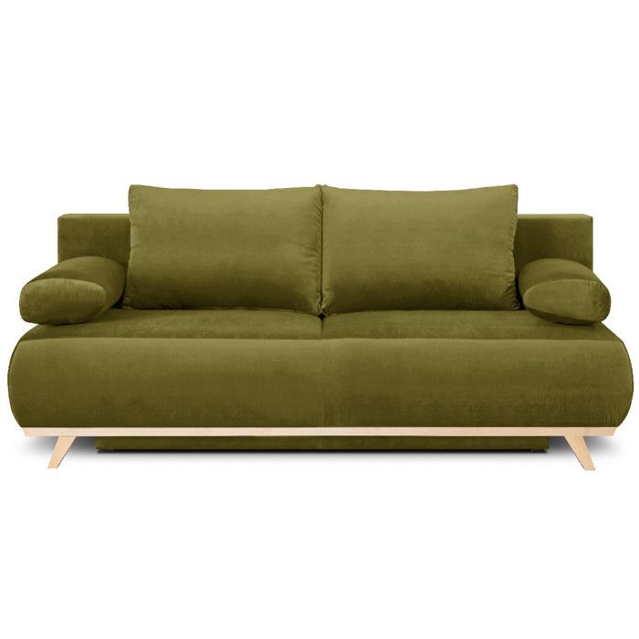 Canapé convertible 3 places avec coffre en velours vert olive - Laria