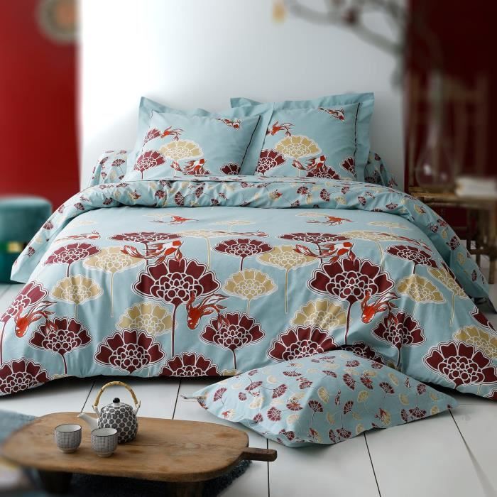 Housse De Couette 200x200 Cm 100 Coton Nymphea Bleu Bleu Cdiscount Maison
