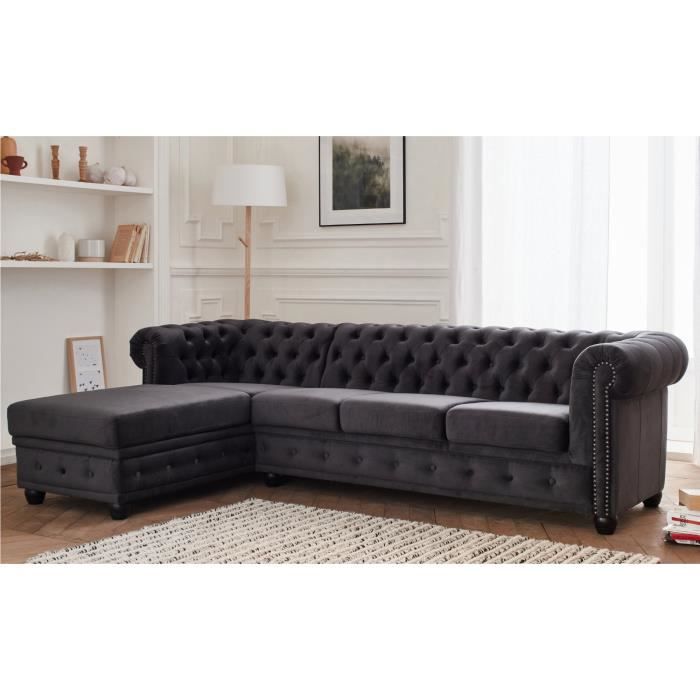 Canapé d'angle 4 places Gris Tissu Chesterfield
