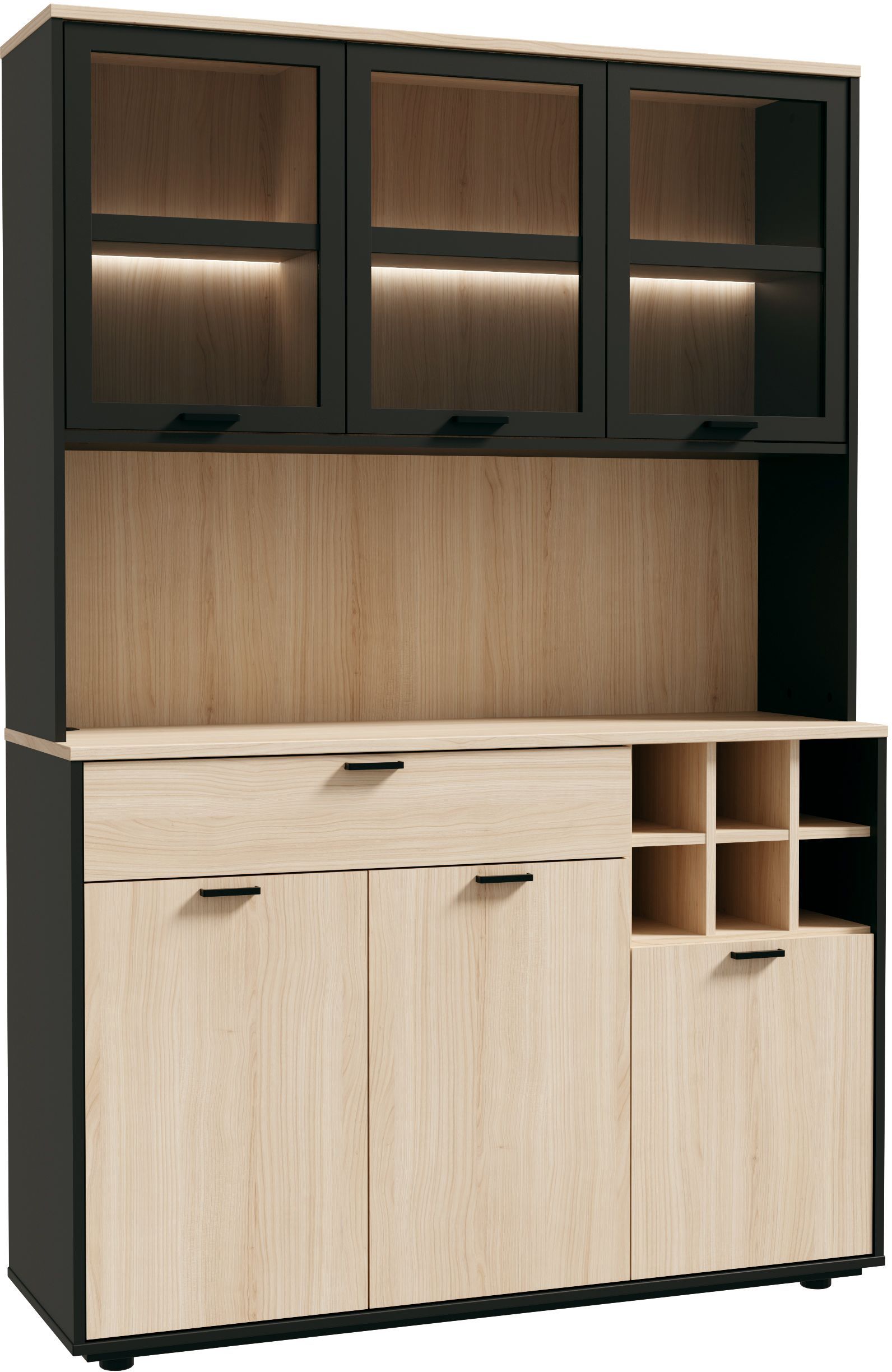 Buffet de cuisine - MANTEK - 1228 x 415 x 183 cm - Chêne / Noir - Style industriel - Eclairage LED inclus