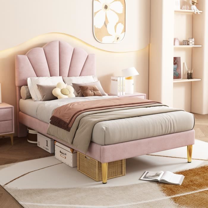 lit rembourré en velours, 90*200 cm, avec pieds en fer doré, tête de lit réglable en hauteur, rose,misnode