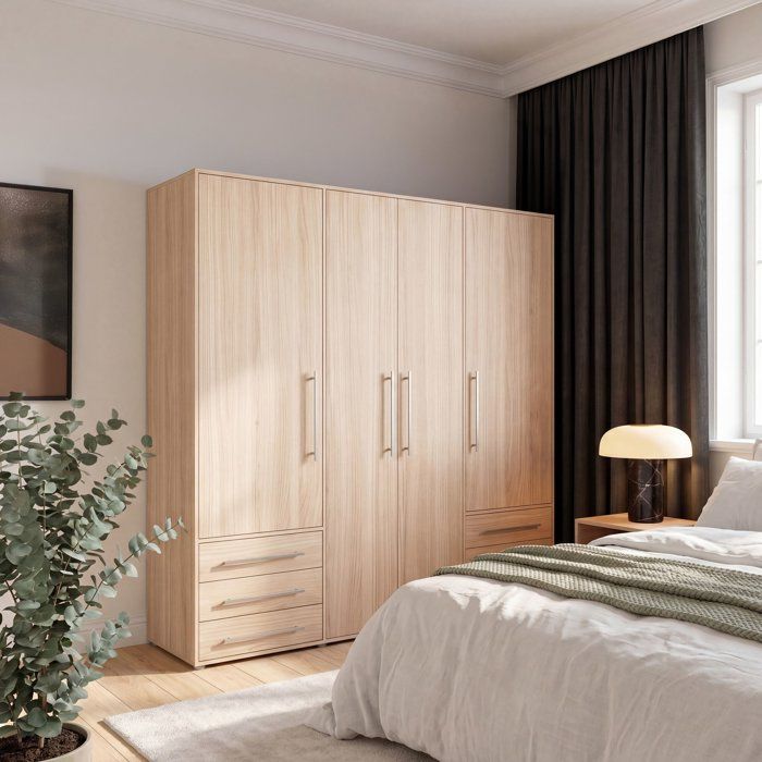 Armoire de chambre MOKKARO Décor chêne 4 portes battantes 6 tiroirs L205 9 x P53 x H200 cm