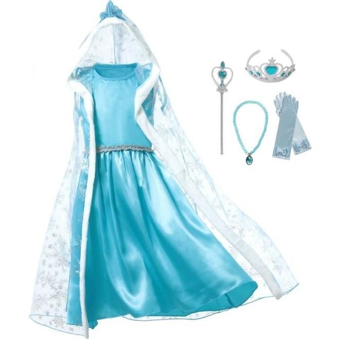 URAQT La Reine des Neiges Elsa Costume et Accessoires Gants Couronne Baguette Tresse Robe Longue Deguisement pour Fille 