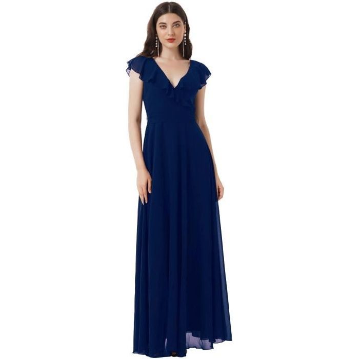 IEFIEL Robe de Cocktail Femme Longue Robe Col V Plongeant Robe de Soiree Mariage Luxe Elegante Robe Ceremonie Fete 36 48 Bleu marine Cdiscount Pret a Porter