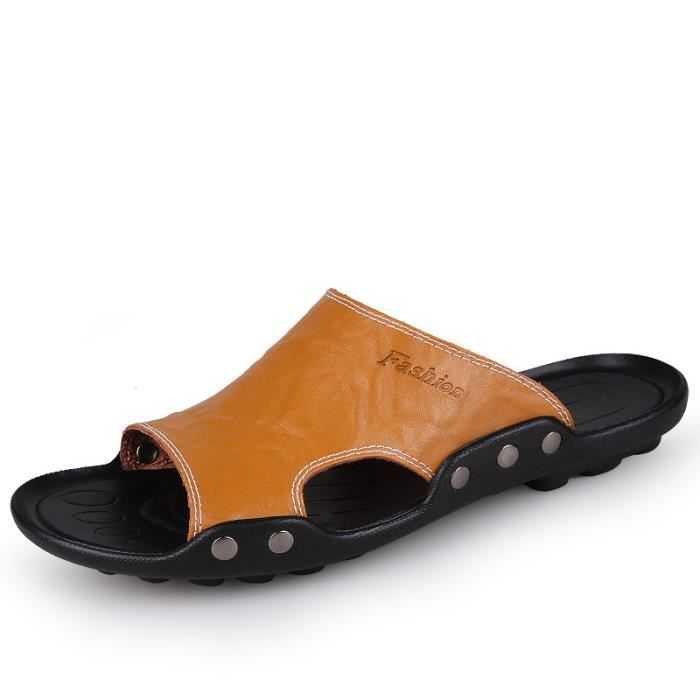 Pantoufles Homme Cuir Véritable PAMIR – Semelle Mémoire De Forme Et Semelle Extérieure Cuir, Large US 9