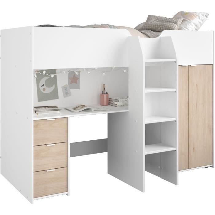 lit combiné mezzanine enfant - tom - blanc et chêne - armoire, bureau et sommier inclus