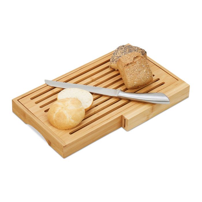 Relaxdays Planche à pain bambou, range-couteaux, couteau en inox, cuisine, planche à découper, HxlxP: 4x40x24 cm, nature -