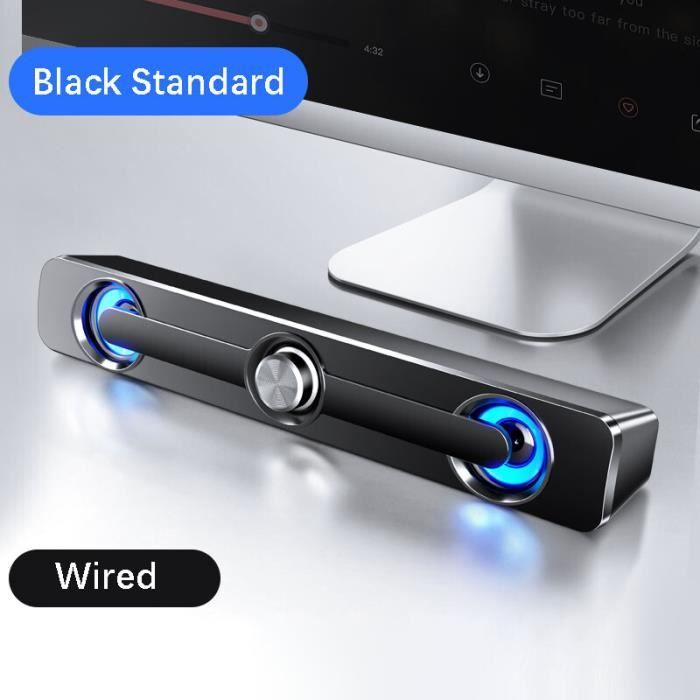 Enceintes ordinateur,Télévision barre haut-parleurs d'ordinateur avec lumière LED USB sans fil Bluetooth - Black Wired