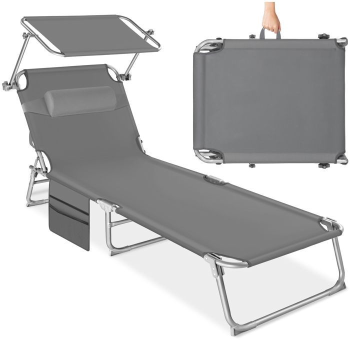 Bain de soleil - TECTAKE - Chaise longue transat de jardin CHLOÉ pliable pare-soleil appui-tête et pochette latérale - Gris