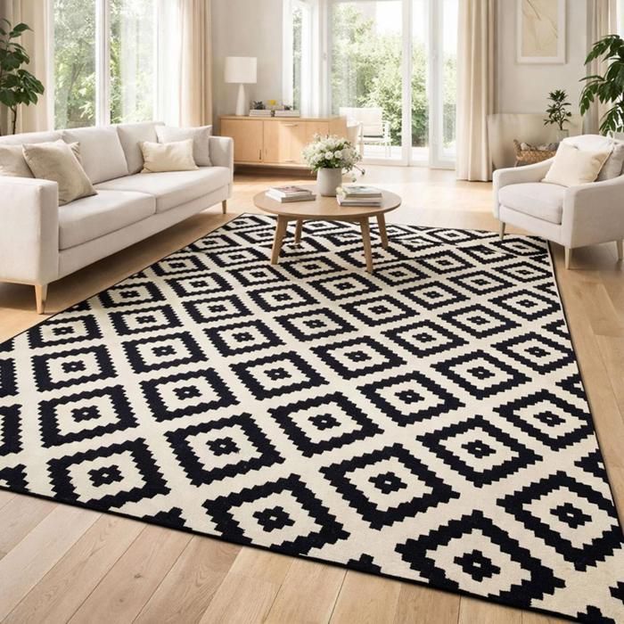 tapis salon 140x200 tissé crème rectangle motif scandinave LYN1 ROMA