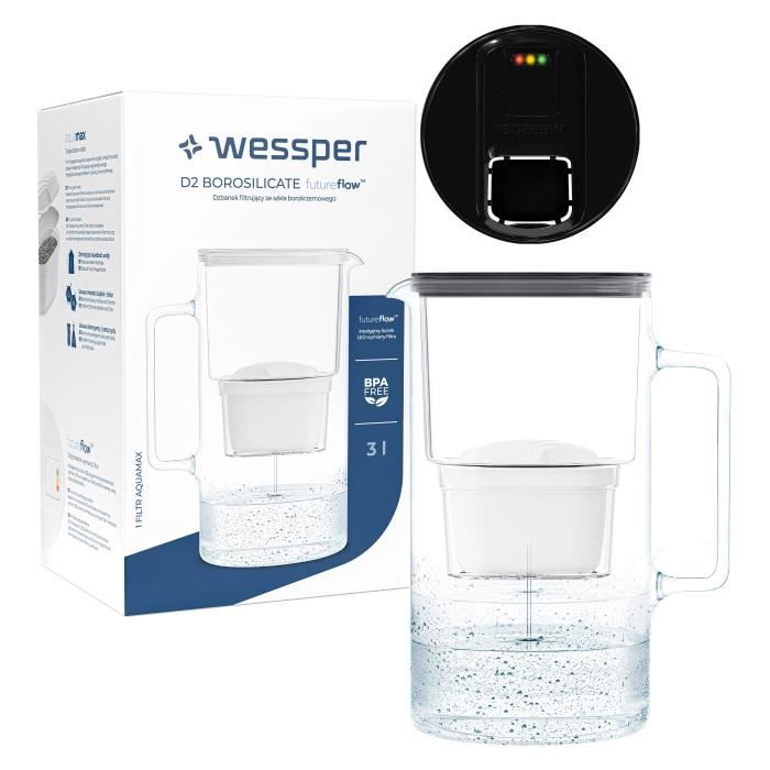 Wessper Carafe Filtrante Verre Borosilicaté 1L - 4 Filtres Actitex Inclus, Blanc Transparent