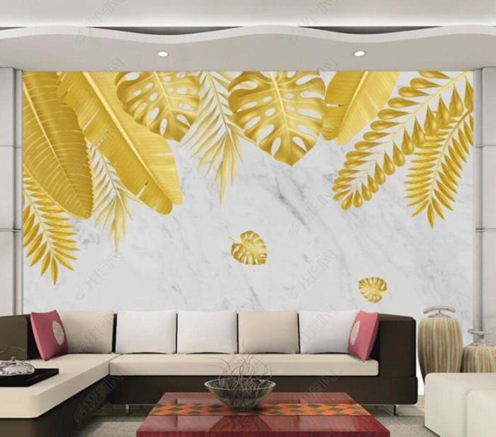 Papier Peint Panoramique Feuilles Tropicales Jaune Doré Papier Peint 3D ...