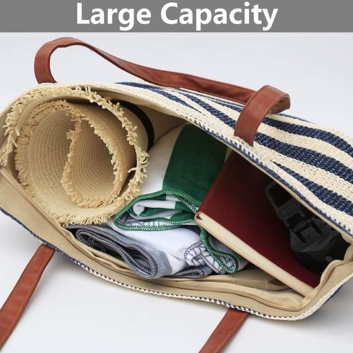 ALANTOP Sac de plage en paille pour femme, grand sac fourre-tout tissé au crochet avec fermeture éclair, sac à main léger d'été pour les vacances, les voyages, la piscine et un usage