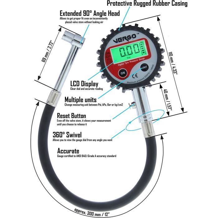 VERGO Jauge Digitale Pression Pneus Avec Tuyau Flexible - Manomètre LCD Éclairé 0-200 PSI Pour Voiture Moto Camion