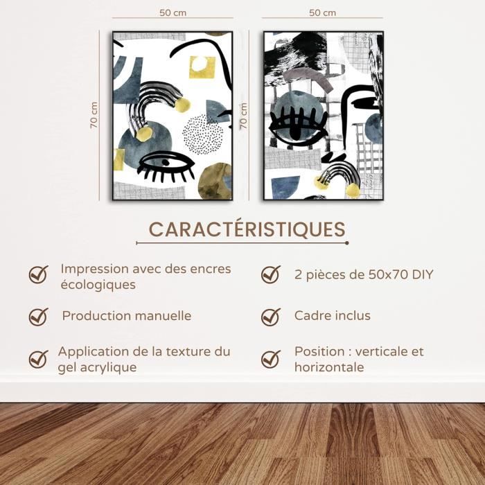 DekoArte - Tableau décoration murale salon, FORMES GÉOMÉTRIQUES, BOIS,  50x70 cm, x3 pièces - Tableaux avec cadre noir inclus