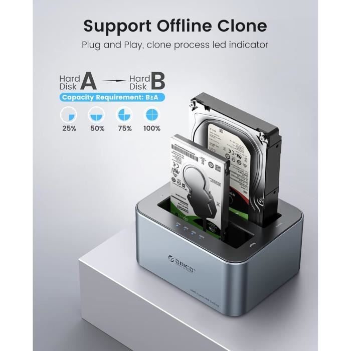 Station D'accueil Double Baie Pour HDD/SSD - USB 3.2 Gen 2 6Gbps, Clonage Hors Ligne - Aluminium