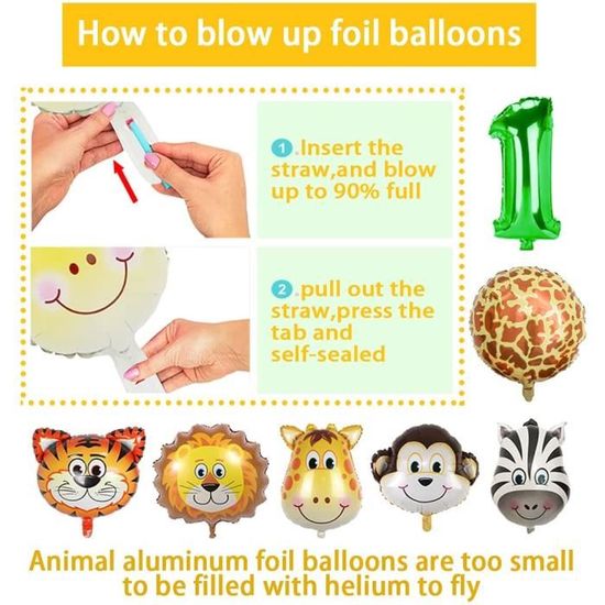 Ballon Anniversaire 1 An – Kit Ferme/jungle – 1 Ballon 40 Pouces + 5 Animaux (zèbre, Girafe, Lion, Tigre, Singe) + 20 Points Colle – Aluminium – Réutilisable