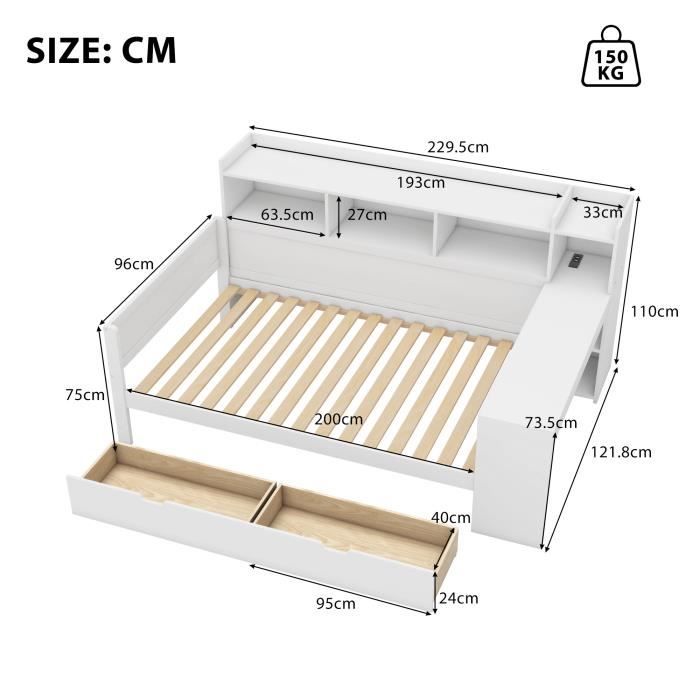 Canapé-lit 90x200 Avec Rangements - LED RGB Réglable, Multiprise USB, 2 Tiroirs, Niches Et Armoire - Tête De Lit Capitonnée Lin Gris