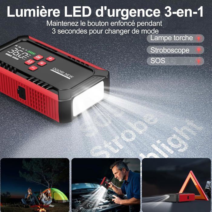 Booster Batterie Voiture 6000A Avec Gonfleur 160PSI - Démarreur Moteur Essence/Diesel Jusqu'à 10L, Batterie 27000mAh, Écran LCD - 11