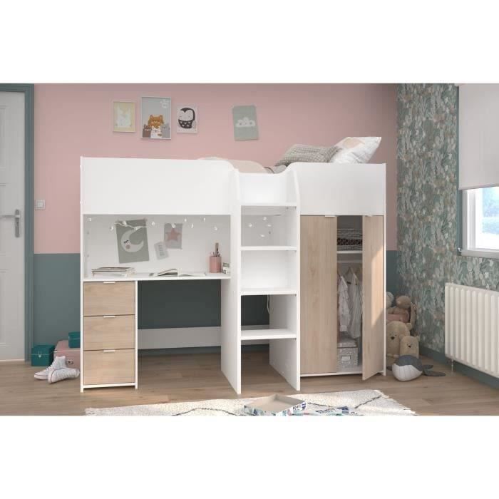 Lit Mezzanine Amazon Avec Bureau Et Dressing, Blanc Et Bois, Pour Enfant Et Ado (Matelas 90x200cm Inclus)