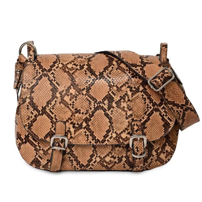 KINSTON Sac Besace Alba - Sangle ajustable - Façon Serpent - Camel
