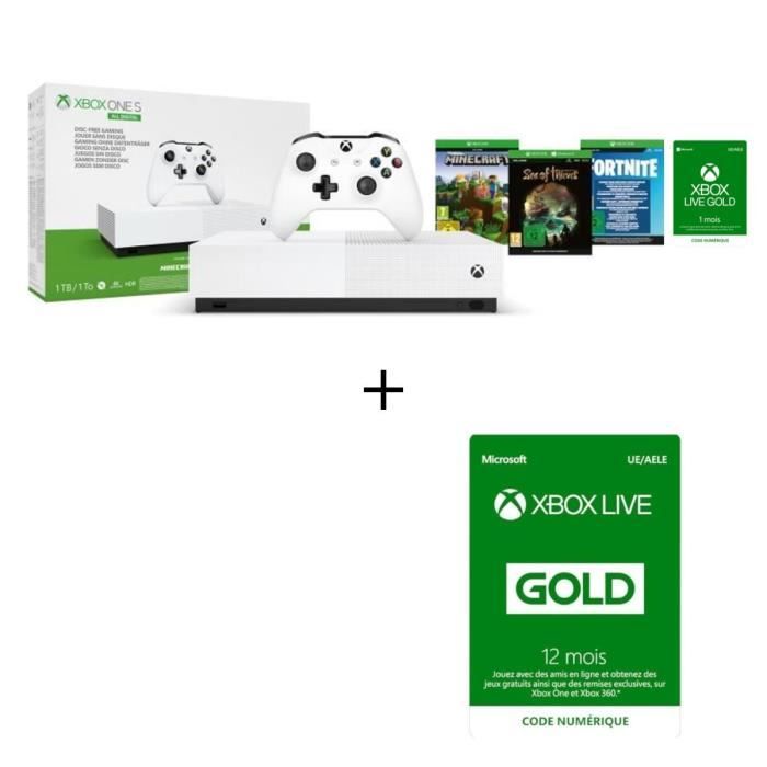 Xbox One S All Digital + 3 jeux dématérialisés : Fortnite, Sea of Thieves et Minecraft + Abonnement Xbox Live 12 mois à télécharger