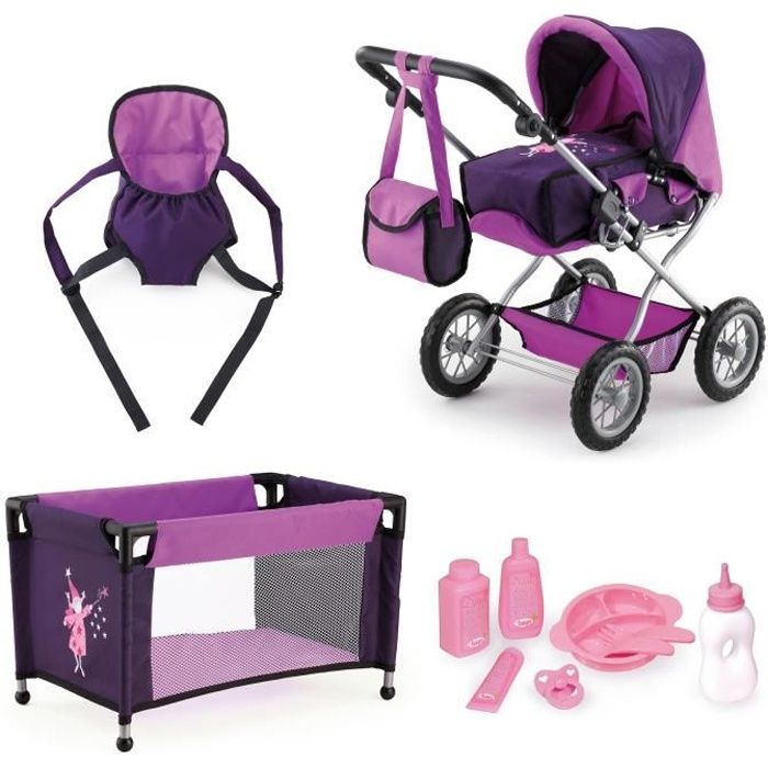 Landau Combi Pourpre BAYER DESIGN pour Poupée de 38 à 46cm avec Lit, Porte Bébé et Accessoires