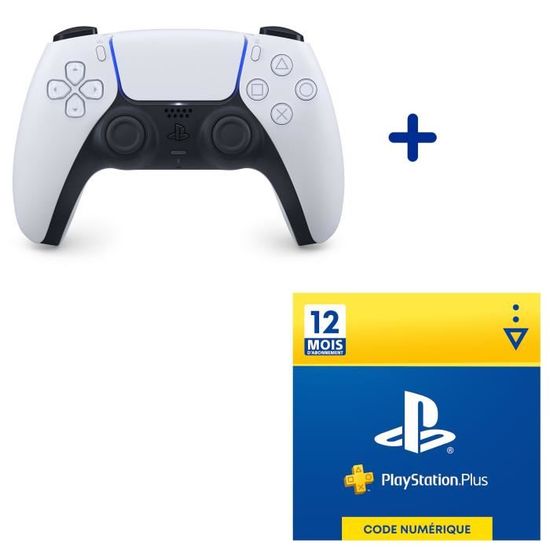 Pack PlayStation : Manette PS5 DualSense White + Abonnement 12 Mois au PlayStation Plus - Code de Téléchargement PS4 & PS5
