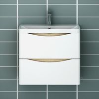 Meuble de salle de bain moderne sans poignées Blanc et bois avec vasque intégrée 60cm
