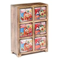 Porte-épices indien en bois et céramique avec 6 tiroirs multicolores 19x28 cm 28364SG