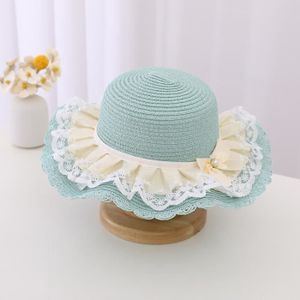 CHAPEAU - BOB Seulement un chapeau bleu-Chapeau de soleil en paille avec nœud en dentelle pour enfant, style décontracté, p