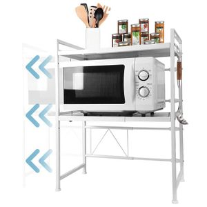Étagères de cuisine - étagère micro-onde - meuble micro-onde - 3 étagères,  plateau, crochets - panneaux particules aspect chêne clair châssis métal