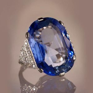 BAGUE - ANNEAU Bijoux de mode véritable femmes argent bague ovale coupe saphir naturel bleu CZ bague anneaux taille 57