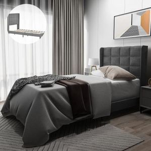 STRUCTURE DE LIT Lit simple enfant 90x200 cm avec sa tete de lit avec sommier à lattes lit adulte en lin gris design moderne sans matelas