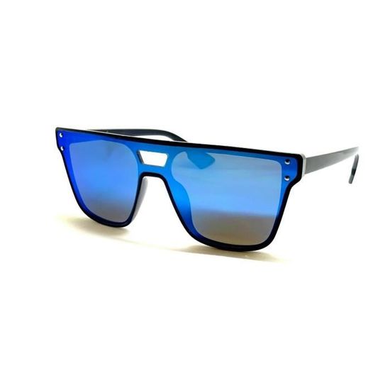 Lunettes Soleil BLEU Mono Verre Miroir Rectangle Homme Femme Double Pont Metal