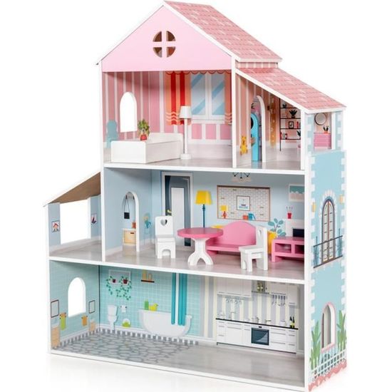 COSTWAY Maison de Poupée en Bois à 3 Etages avec 5 Pièces et 10 Meubles, Maison  Barbie Rose avec Autocollants Princesses, Jeu d'Imitation pour Enfants de  3-7 Ans, 60 x 25 x 70 cm