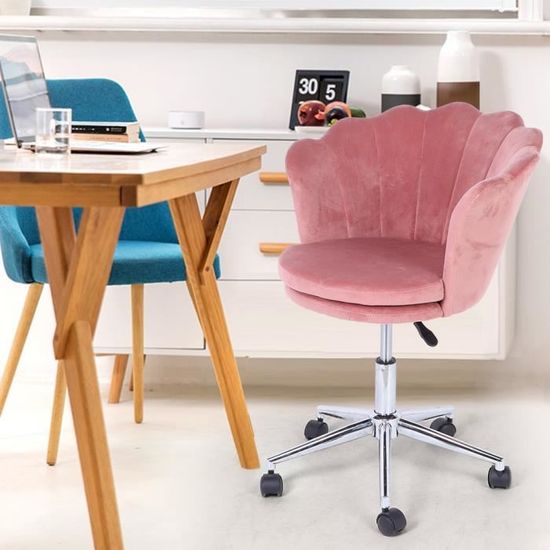 Chaise Coiffeuse En Forme De Fleur - Tabouret Pivotant 360°, Dossier Haut - Velours Doux, Bois Massif - Pour Dressing, Chambre - Rose, Blanc, Gris... - 2