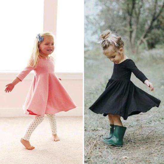 1 5 Ans Enfnat Fille Robe Manches 3 4 Couleur Pure Rose Noir