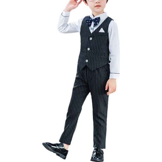 Costume Enfant Garçon Smoking Mariage Baptême - Ensemble Chemise Gilet Pantalon Noeud Papillon Famuka