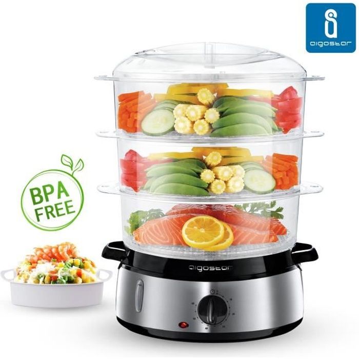 Aigostar Fitfoodie Steel 30INA - Cuiseur vapeur électrique 0% BPA, 800W. Minuterie, 3 niveaux indépendants. Design exclusif.