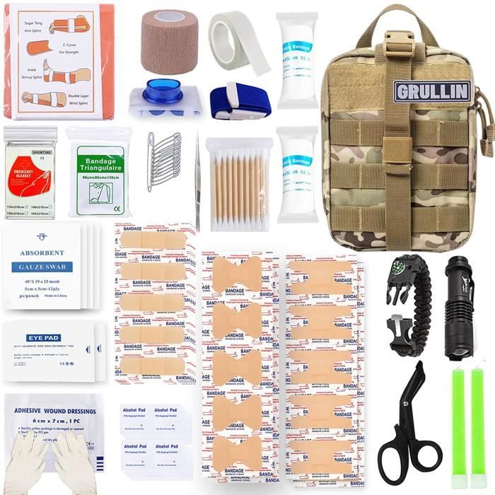 GRULLIN Kits de Survie de Premiers Secours, équipement Militaire extérieur EDC Poche Molle Lampe de Poche Tactique attelle Rouleau E