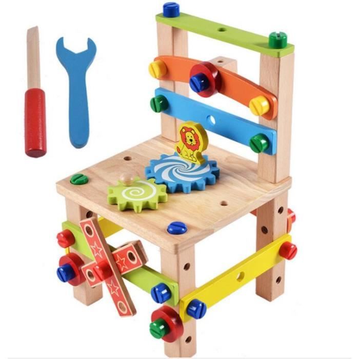 DIY Construction de Chaise en Bois Boîte à Outils Etabli de Bricolage Écrous et Boulons Assemblage Jouet pour Enfants Couleur de Boi