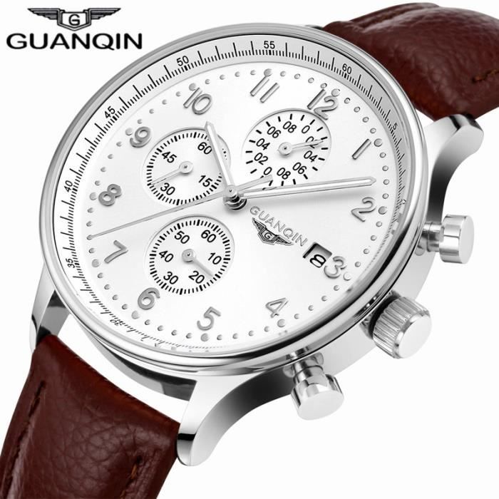 GUANQIN Montres Vintage Marque De Luxe Militaire Sport Quartz Hommes Chronographe Bracelet cuir Montre-Bracelet Brown Silver White