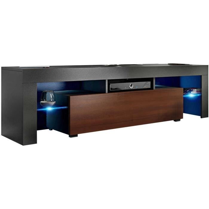Meuble tv 160 cm noir mat / aspect noyer + led rgb