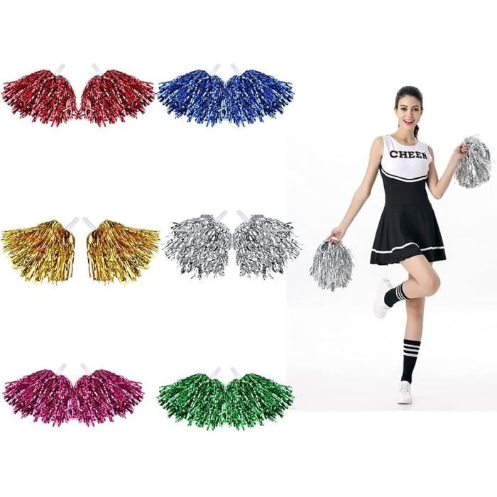 Lot de 12 pompons de pom-pom girl multicolores 6 pompons de pom-pom girl couleurs avec sangle et anse en métal, (32 cm)